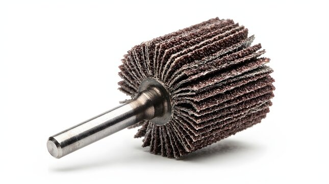 Abrasive flap wheel sanding tool with metal mandrel for surface grinding.