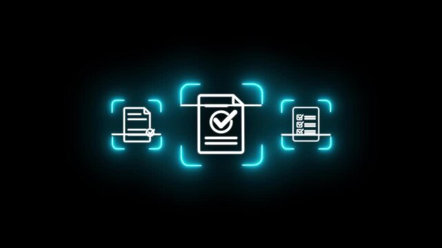 Glowing neon document scanning technology for digital paperwork management, showing business professional concept to capture paper documents and convert them into searchable digital data