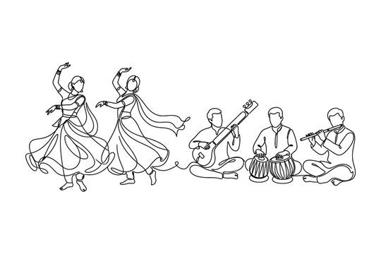 Continuous line drawing of Indian classical dancers and traditional musicians performing together.