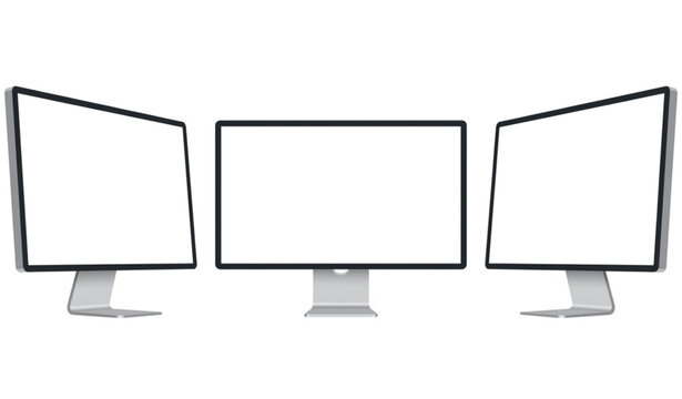 Realistic Three Desktop Monitor Mockup Vector with Empty Display Screens Isolated on White for UI Presentation and Technology Design