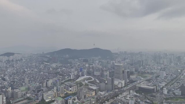 Aerial Drone View of Jongno Cityscape near Dongmyo Station and DDP Dongdaemun Design Plaza in Seoul, South Korea