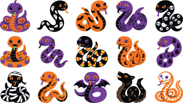 Halloween snake collection cute cartoon vector illustrations for seasonal designs