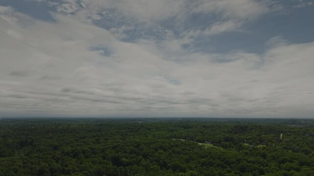 An aerial Flyover of trees in a densely wooded landscape and suburbs near La Grange, Kentucky
