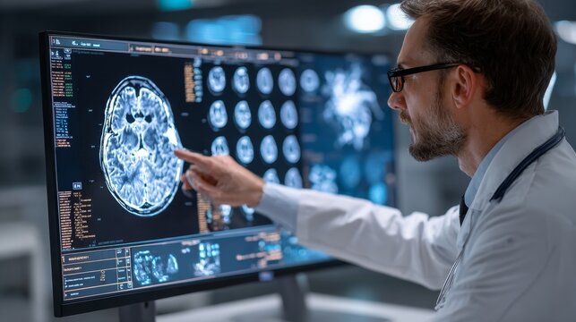 A doctor examines brain scans on a large digital screen with a blurred clinical background.