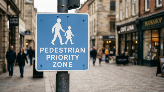 Pedestrian priority zone sign in urban shopping area with people walking  