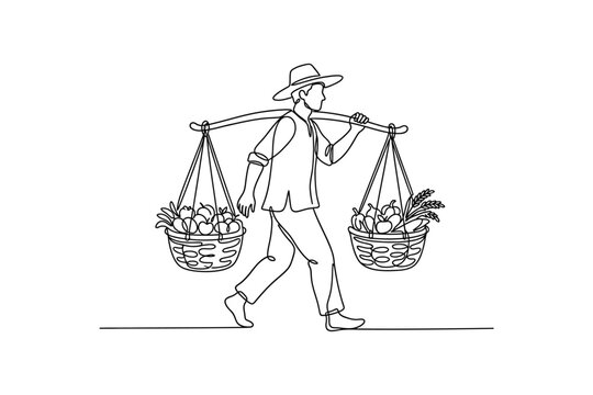 A continuous line drawing of a farmer carrying baskets of produce on a shoulder pole.