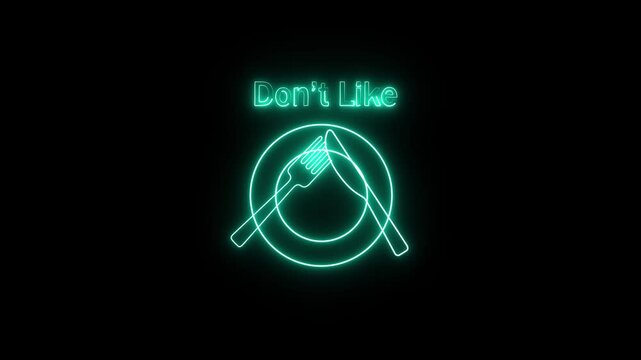 Glowing neon fork and knife icon arranged to indicate dissatisfaction with a meal, isolated on a dark background.