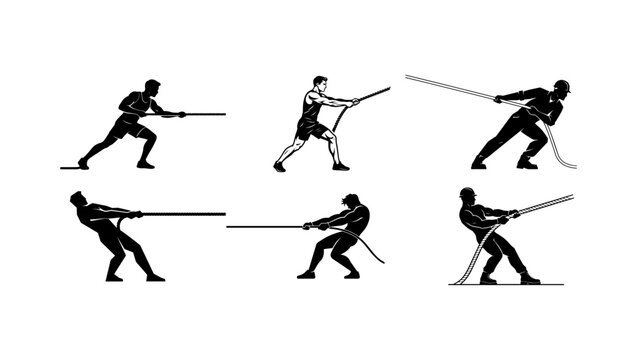 Black and White Rope Pulling Human Silhouette Collection Vector Set Isolated on PNG Background, rope pulling, pulling rope, human silhouette, worker silhouette, tug of war, pulling action, force, 