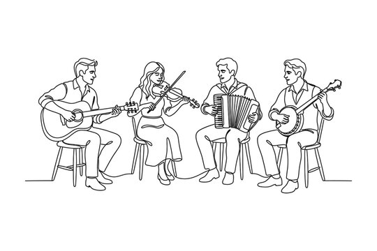 A continuous line drawing of a musical quartet playing instruments together.
