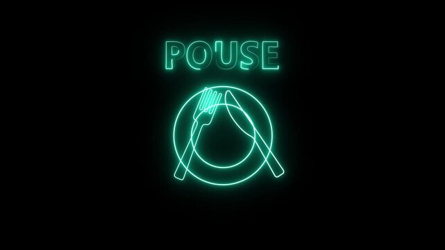 Glowing neon fork and knife icon crossed in a pause-style arrangement, indicating a temporary break before continuing the meal, isolated on a dark background.
