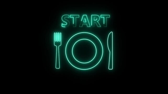 Glowing neon fork and knife icon arranged in a V shape, representing a diner who is still eating, isolated on a dark background.