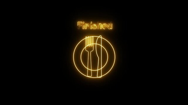 Glowing neon fork and knife icon placed parallel on a plate, symbolizing a finished meal, isolated on a dark background.