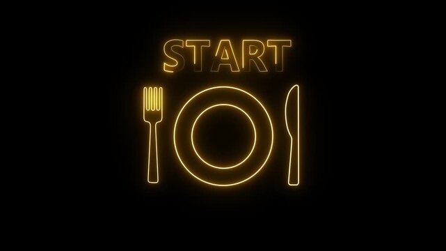 Glowing neon fork and knife icon arranged in a V shape, representing a diner who is still eating, isolated on a dark background.