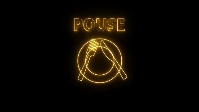 0\';[pGlowing neon fork and knife icon crossed in a pause-style arrangement, indicating a temporary break before continuing the meal, isolated on a dark background.
