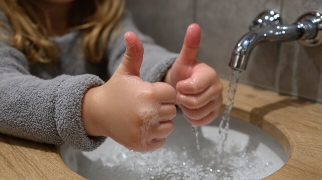 A child gives a thumbs up while washing soapy hands under a running faucet, using a clean bathroom background.
