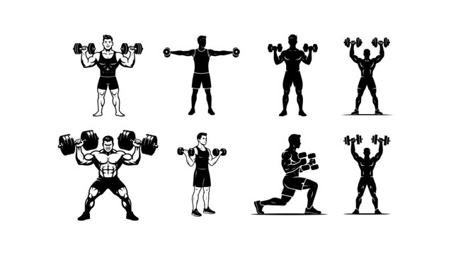 Black and White Weightlifting Athlete Silhouette Collection Vector Set Isolated on PNG Background, weightlifting, dumbbell, fitness, gym, strength training, athlete, bodybuilder, exercise, workout, 