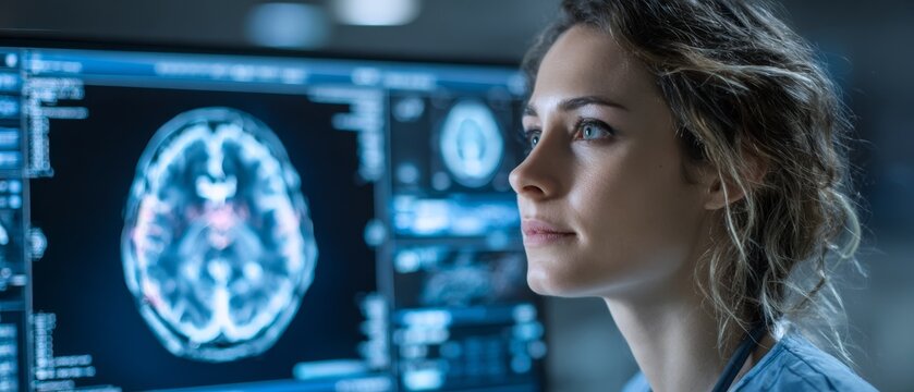 A focused medical professional examines a brain scan displayed on a digital background screen.