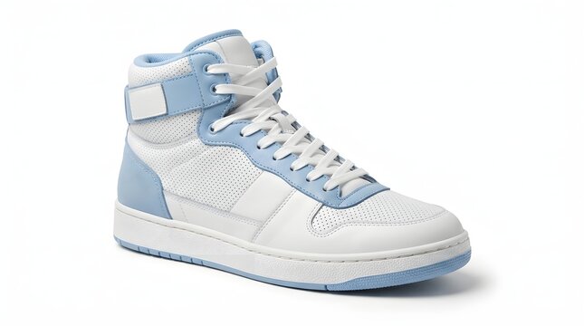 Light blue and white high-top sneaker on a pure white background.