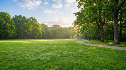 Fototapeta premium Sunlight filtering through trees in a lush green meadow park landscape at sunrise with sunlight landscape outdoors tranquil peaceful woodland
