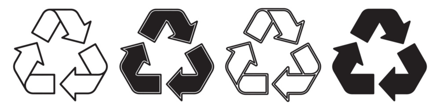 Vector Icon Set Featuring Four Variations of the Universal Recycling Symbol including Outline, Filled, and Double Stroke Mobius Loops