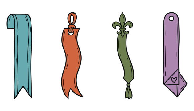 Ribbon bookmark and hanging tag collection vector illustration set with diverse artistic styles.