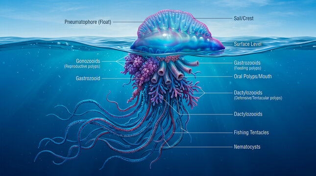 Ilustraci&oacute;n cient&iacute;fica hiperrealista de una Physalia physalis mostrando el flotador, los p&oacute;lipos y los largos tent&aacute;culos con etiquetas anat&oacute;micas discretas. Fondo azul degradado limpio.
