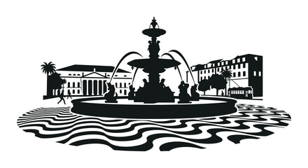 Obraz premium City fountain with buildings and trees black silhouette