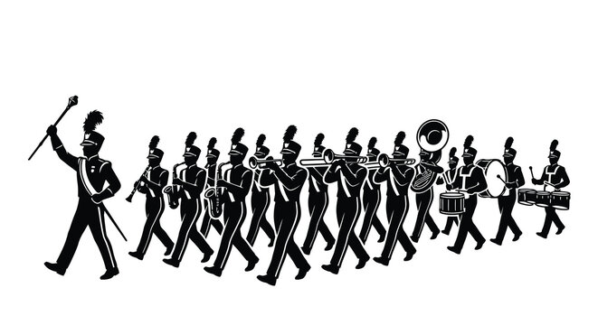 Marching band musicians in formation black and white silhouette