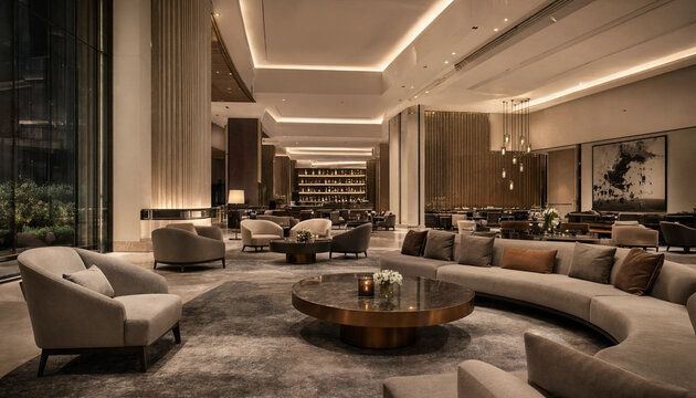 Upscale hotel reception lounge interior with curved sofa and central coffee table high end well appointed reception interior furniture architecture contemporary hospitality lifestyle