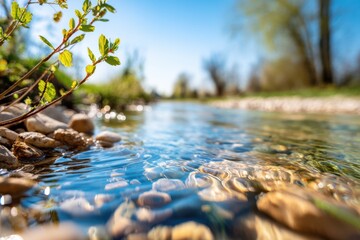 Fototapeta premium Fresh green leaves by the riverbank