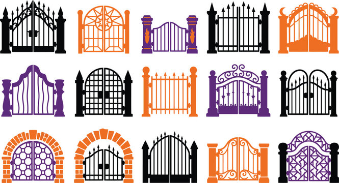 Set of various metal gates and iron fences with classic and modern designs for security and home entry