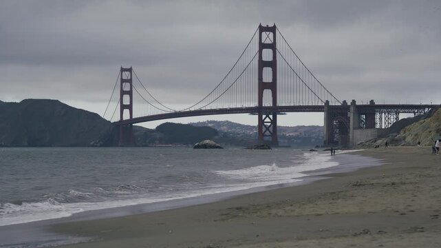 Golden Gate Bridge Sandy Beach On Stormy Day, Wide Shot