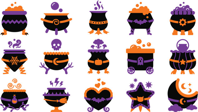 Set of halloween witch cauldrons with magical potions and spooky decorations in flat vector style