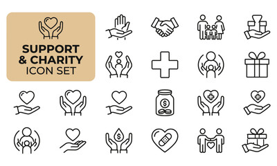 Obraz premium Set of support and charity icons showing hands with hearts and gifts for helping people and community welfare