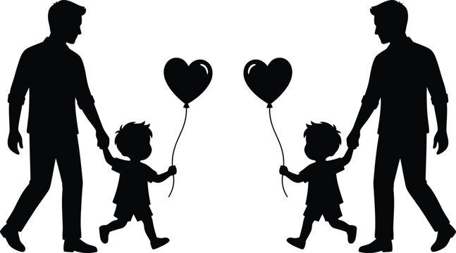 Silhouette illustration of two fathers holding hands with their two little sons who are carrying heart shaped balloons for a happy family day