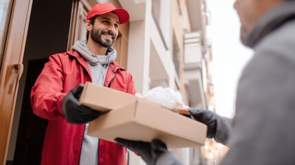 Fototapeta premium Smiling delivery worker in red uniform hands over a package to a customer