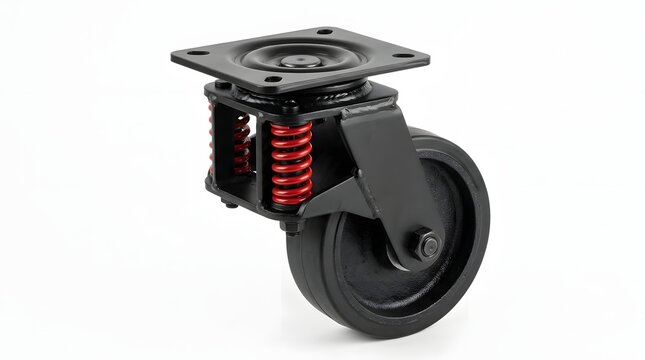 Heavy duty black caster wheel with red spring suspension.
