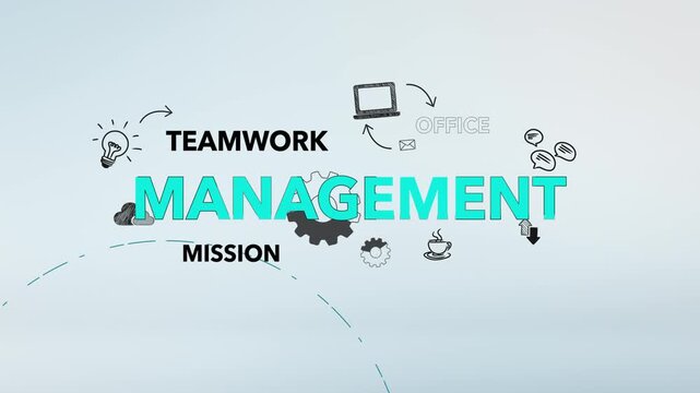 Management Cyan Typography with Teamwork, Office, Mission Development Words