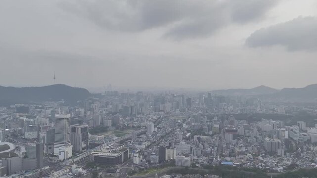 Aerial Drone View of Jongno Cityscape near Dongmyo Station and DDP Dongdaemun Design Plaza in Seoul, South Korea