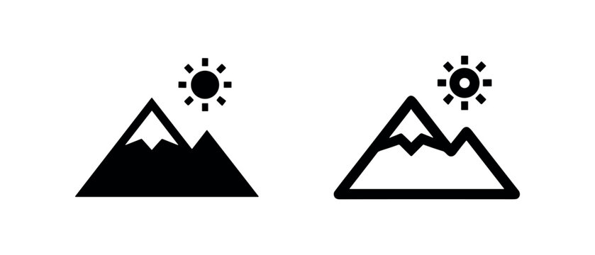 Mountain Landscape with Sun Icon Set - Nature and Outdoors Solid and Outline Vector