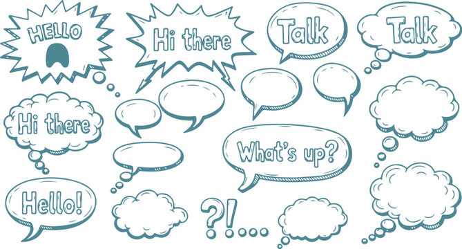 A set of various hand-drawn, teal-colored speech and thought bubbles featuring conversational phrases, isolated on a white background.