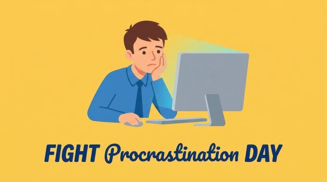 Man procrastinating at computer on Fight Procrastination Day