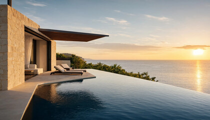 Fototapeta premium Luxury infinity pool with sunset view at a tropical resort villa infinity tropical vacation seascape relaxing architecture sunbathing peaceful destination paradise tranquil sunlight