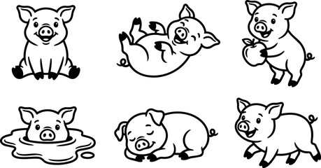 Fototapeta premium Black and white cartoon pigs in various poses with apple and mud