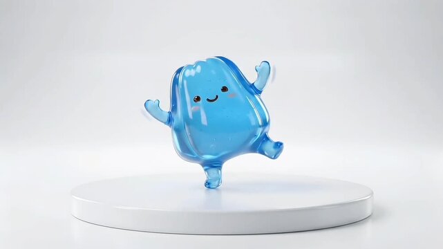 Cute blue jelly character dancing happily on a white platform, 3D animation style