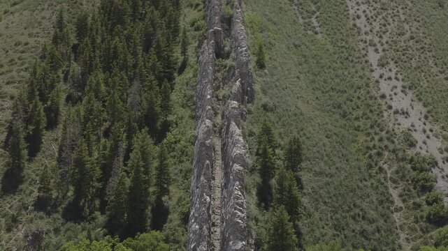 An aerial flyover of the Devils Slide rock formation, Taggert, Utah