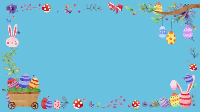 Easter bunny and colorful eggs decorate the borders of this festive blue background.