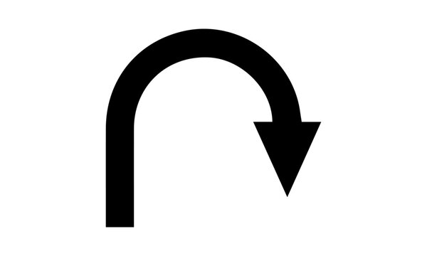 Solid black u-turn and return arrow vector icon isolated on white background