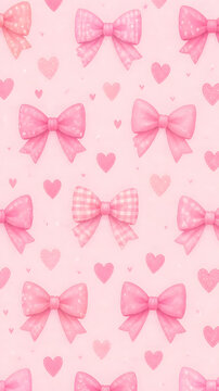 Soft pastel pink seamless background pattern featuring delicate decorative bows and small floating hearts in a whimsical artistic digital illustration