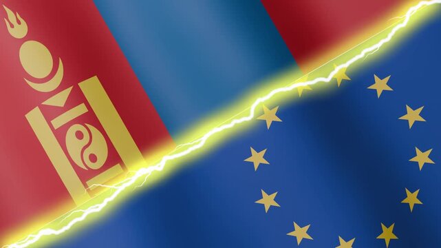 Two waving flags European Union and Mongolia with diagonal lightning seamless, 4k loop
